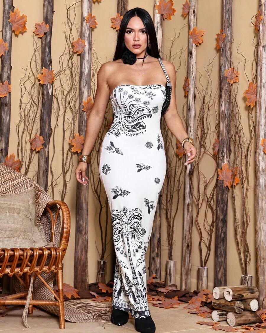 Women's Strapless Midi Dress Tropical Summer - màu đen - Xem 1
