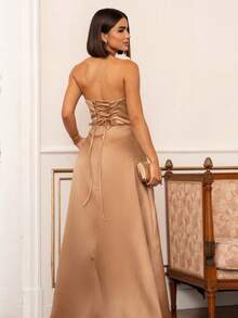 LONG WEDDING PARTY DRESS FOR GODMOTHER, STRAP-FIT, SATIN WITH SEQUINS - GOLDEN - View 2