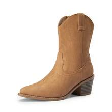 Cowboy Boots For Women, Pointed Toe Chunky Heel Cowgirl Boots, Zipper Pull-On Stitched Western Boots Ankle Boots For Ladies (White,Red,Black,Brown) - 卡其色 - 查看 4