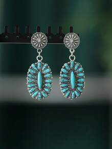 1 par de nuevos pendientes de botón vintage, pendientes colgantes geométricos de turquesa bohemios