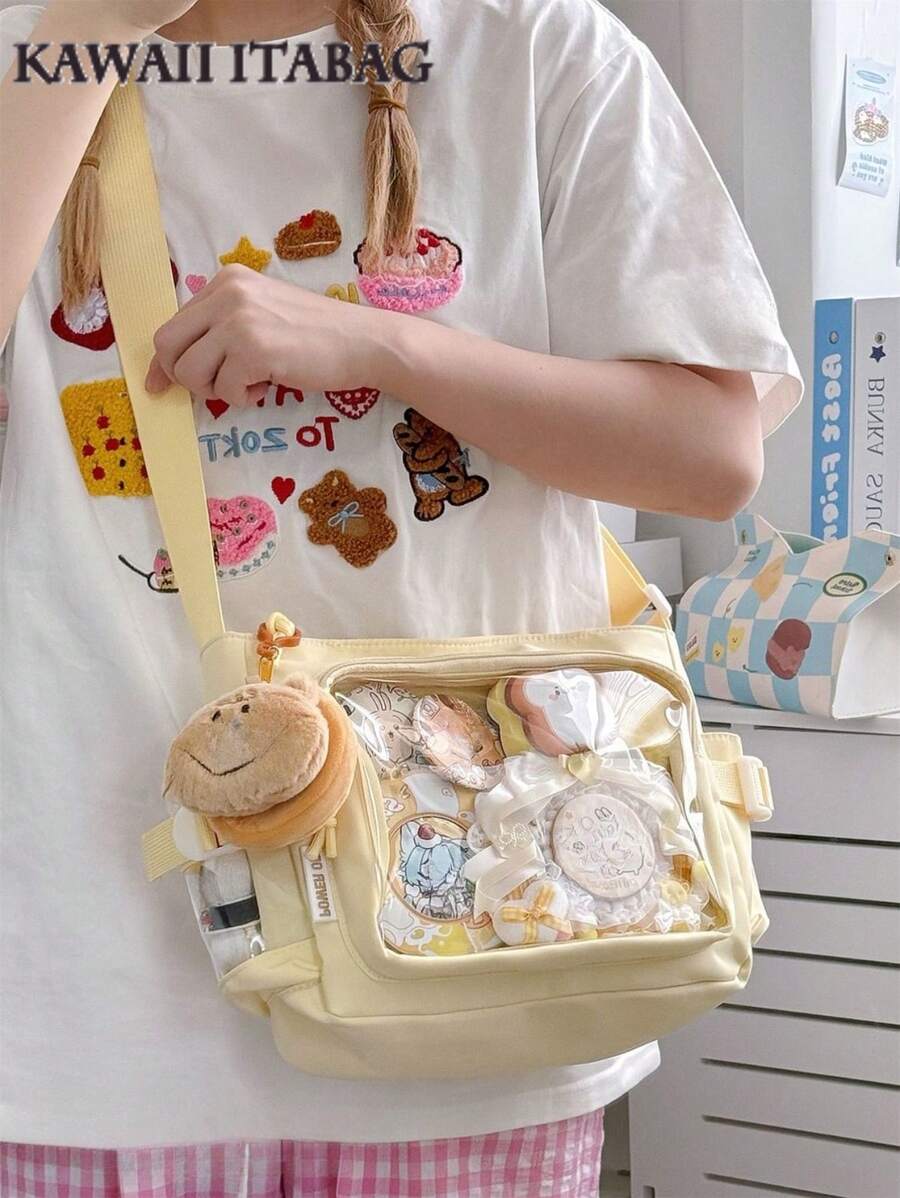 Bolso Kawaii pequeño tipo Ita de color liso con bolsillo transparente de 10 CM para muñecas, bolso tipo bandolera de estilo japonés preparatorio para mujeres, monederos y bolsos, bolso para exhibir broches, regalo para fans de anime, conciertos