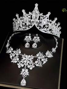 Set de 3 piezas de corona y accesorios para el cabello de novia, incluyendo aretes y collar - Joyería de princesa de estilo barroco de aleación, apta para boda, fiesta, novia, accesorios de graduación