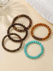 5pcs/6pcs Set Vintage Bohemian Wooden Bead, CCB, Zinc Alloy, Resin Leaf, Turtle, Infinity Symbol Elements Handmade Braided Bracelet Set Suitable For Men And Women, Daily, Beach, Holiday Wear