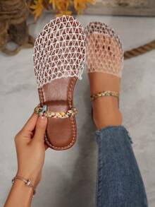 女式白色渔网平底凉鞋，编织带，封闭式鞋头，一脚蹬设计，优雅休闲舒适百搭夏季/假日拖鞋