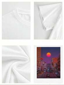 Big & Tall Men's Sunset Cityscape Graphic TShirt  Comfortable Plus Size Tee With Vibrant Urban Artwork, Soft Cotton Blend For Relaxed Fit, Stylish Design Perfect For Casual Wear, Features A Stunning Sunset Over City Streets. - 白色 - 查看 3