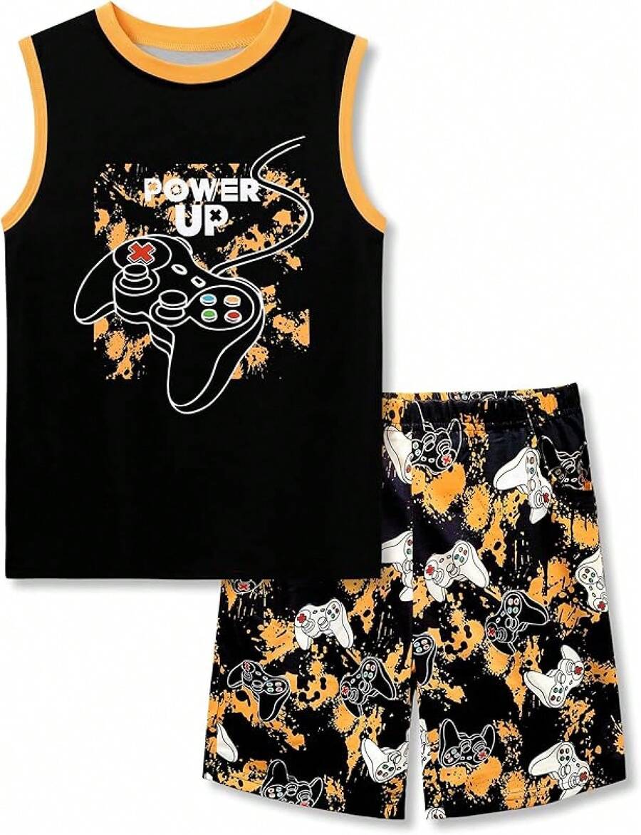 Little & Big Boys 2-Piece Cozy Summer Pajamas Black Gamer Tank Top & Shorts Cool PJ Kid Set Size 6-18 - Yellow - View 1