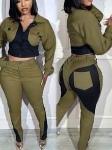 Women's Casual Colorblock Long Sleeve Jacket And Pants Set Two Piece Outfit With Collar And Pockets Trajes Elegantes De Mujer - 橄欖綠 - 查看 2