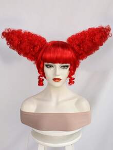 Parrucca da 10 pollici affascinante, rossa, corta e dritta, con ciuffi ricci e corna voluminose, per donne, feste in costume, cosplay, pagliacci. In fibra a bassa temperatura, pre-acconciata e pronta da indossare, dall'aspetto naturale.