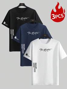 3pcs Men Casual Street Fashion Slogan Print Round Neck Short Sleeve T-Shirts - Multicolor - View 4