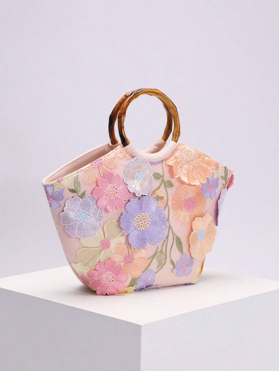 SHEIN BAE 1 件花卉刺绣图案网眼手提包,复古竹柄沙滩包,大容量暑假海滩旅行休闲使用(花卉图案随机发送) - 彩色 - 查看 1