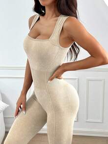 TCVC Damen Sandgewaschener Sport-Jumpsuit, bequem atmungsaktiv ärmelloser figurbetonter Schnitt, geeignet für Yoga, Fitnessstudio-Training, Formwäsche für alle Jahreszeiten Sommer - Champagnerfarben - Übersicht 5