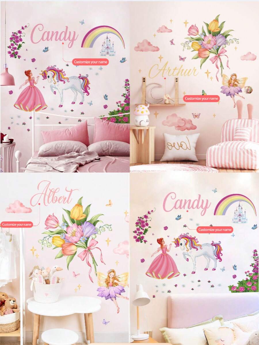 1 件 30*120 厘米玫瑰花束公主白马城堡墙贴，花卉仙女贴花，适用于儿童房、公主房、托儿所，可移除且自粘