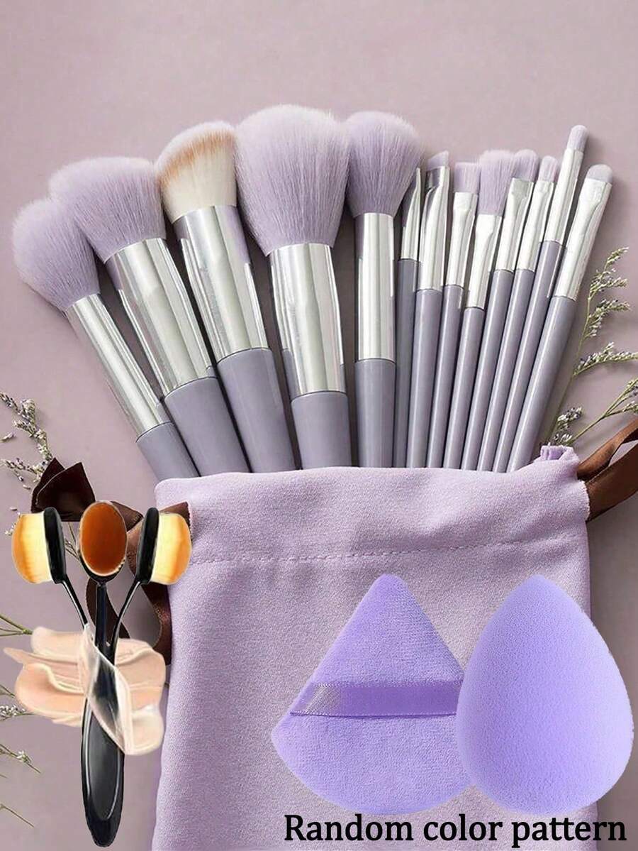13pcs Purple Makeup Brush Set + 1pc #4 Foundation Brush + 2pcs Random Color/Shape Beauty Sponge Blender For Eye Shadow/Foundation/BB Cream/Concealer, Soft Full Face Makeup Tool Set For Women,Brush Set,Makeup Brush Kit,Make Up Brush Set,Make Up Set Complete,Makeup Brush Set,Complete Makeup Kit,Brush Kit,Brushes Makeup Set,Makeup Gift Set,Set - Purple - View 1
