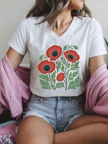 V-Neck Cute Floral Linocut Poppy T Shirt, Vintage Boho Tee With Red Poppy Flower PrintV Neck T-Shirt For Women, Soft And Breathable, Perfect For Holiday Parties & Gift - 白色 - 查看 1