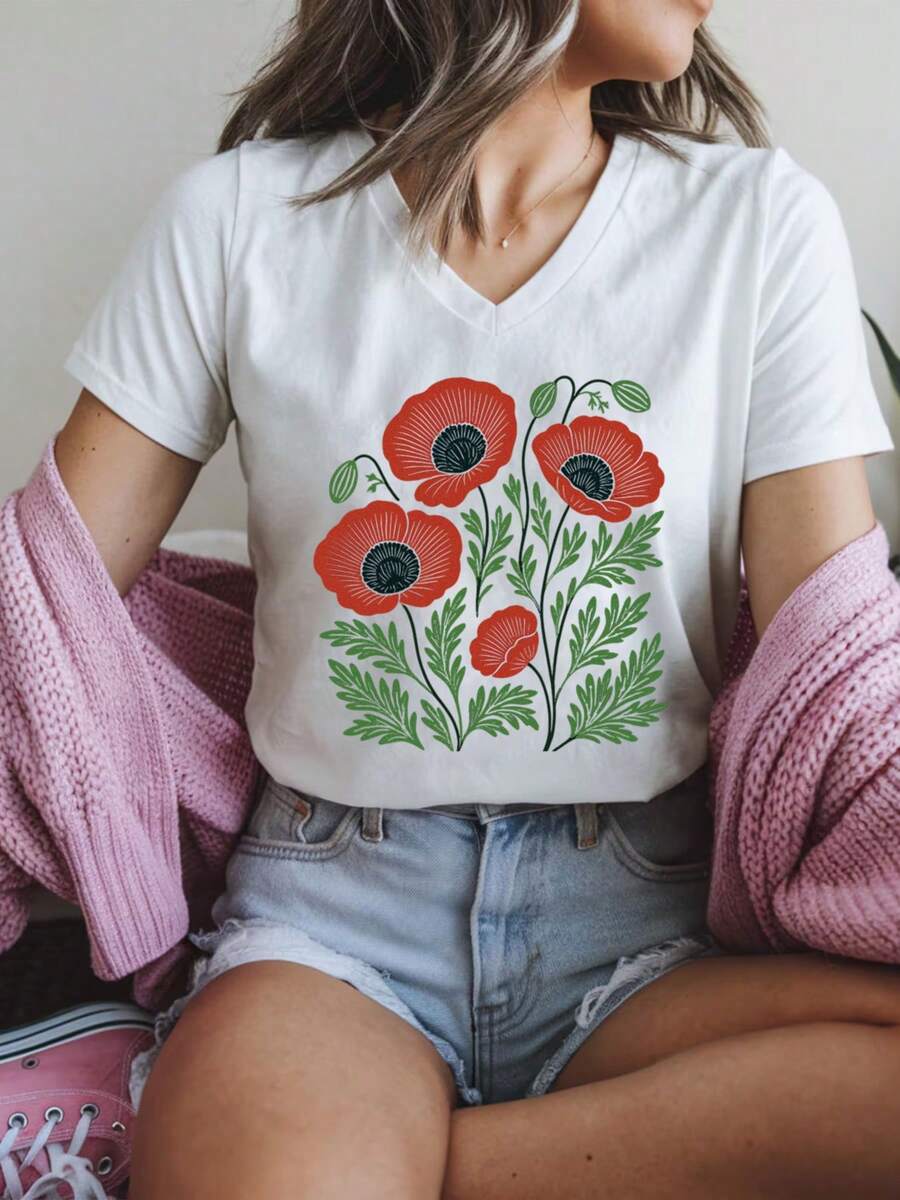 V-Neck Cute Floral Linocut Poppy T Shirt, Vintage Boho Tee With Red Poppy Flower PrintV Neck T-Shirt For Women, Soft And Breathable, Perfect For Holiday Parties & Gift - 白色 - 查看 1