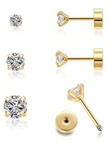 6pcs/Set 18k Gold & Silver Cubic Zirconia Spiral Nose Studs, 3-4-5mm Suitable For Everyday Wear, Valentine's Day, Carnival, Mother's Day Gifts