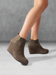 Women's Suede Low Hidden Wedge Heel Ankle Boots Round Toe Side Zipper Outside Zip For Decoration Good For Work And Date - 摩卡棕 - 查看 3