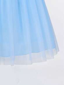 少女优雅的宝石蓝网纱亮片短袖连衣裙，搭配皇冠、魔杖项链和手套配饰，适合外出、派对、生日和其他活动。 - 藍色 - 查看 9