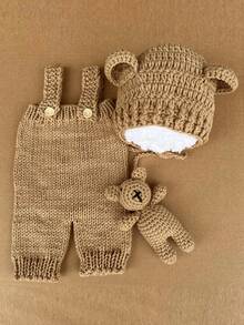 Newborn Photography Clothing Hand-Knitted Suspender Jumpsuit Costumes And Bear Ear Hat Teddy Bear Dolls Decor Outfits - 彩色 - 查看 6