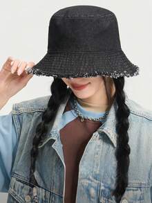 1 件女士时尚磨边渔夫帽，纯色，防晒，男女通用，适合所有季节 - 藍色 - 查看 3