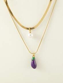 1 件不锈钢双层蛇骨项链，带树脂仿珍珠和水果吊饰（草莓、西瓜、樱桃），非常适合夏季郊游、海滩、情人节礼物和日常佩戴，适合所有场合