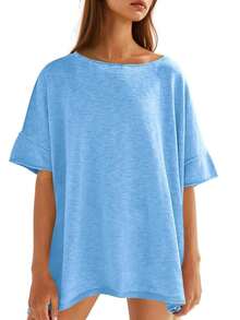 Women's Oversized T Shirts Casual Summer Crew Neck Loose Dropped Short Sleeve Side Slit Hem Blouse Tunic Tops - 藍色 - 查看 3