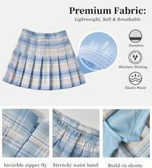 Women Pleated Skirt Tennis Golf Skorts With Lining Shorts Athletic Pleated Skirts For Women - 藍色格子 - 查看 4