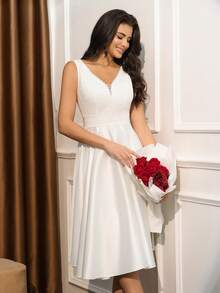 女士新娘礼物派对礼服，蕾丝无袖V领拼接缎面中长款优雅晚礼服，情人节 - 白色 - 查看 3