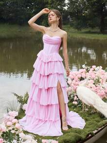 Faeriesty Váy tốt nghiệp bằng vải satin không dây sang trọng với nhiều lớp voan nhún bèo và dây buộc chéo phía sau - Váy trang trọng cho tiệc sinh nhật, tiệc cưới, dạ tiệc và sự kiện tối lãng mạn - Hồng - Xem 3