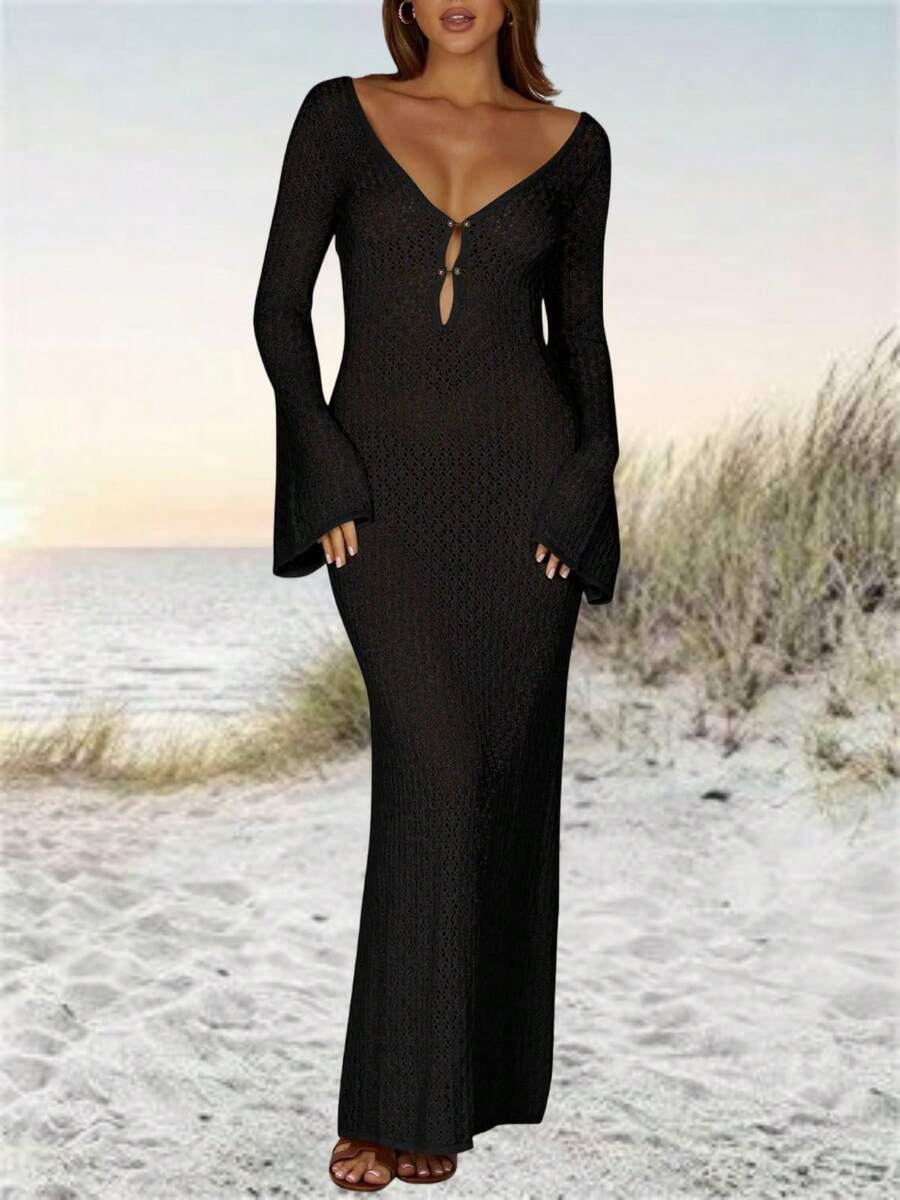 Womens Crochet Maxi Cover Up Dress Long Sleeve Bodycon Summer Swimwear Beach Knit Dresses - 黑色 - 查看 1
