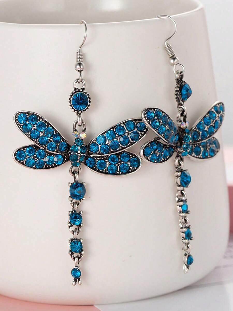 1 对水钻镶嵌蜻蜓吊坠耳环，适合日常佩戴 - 藍色 - 查看 1
