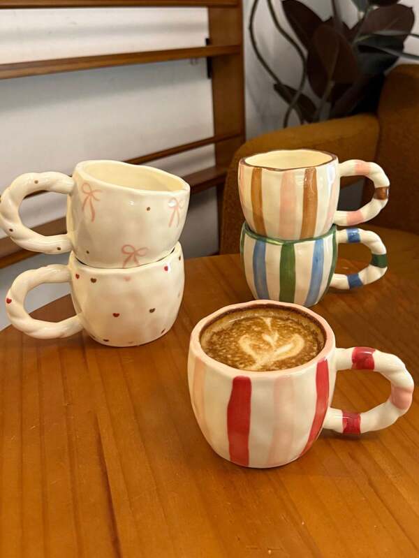 1 Peça Caneca de Cerâmica com Design de Alça Retorcida, Padrão Colorido, Estilo Ins, Pintura Manual - Adequada para Cappuccino, Consumo Diário de Café, Caneca de Café com Leite Criativa, Presente Ideal para Amantes da Estética da Vida