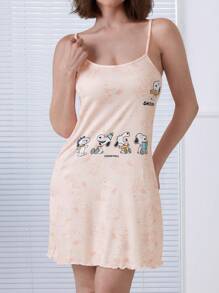 SNOOPY Authorized PEANUTS Snoopy Cute Printed Slip Dress & Woman Nightdress