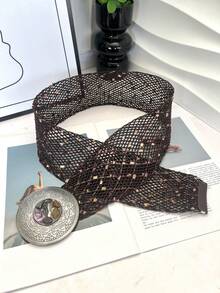 1pc Seashell Bohemian Stone Mesh Woven Distressed Disc Buckle Wide Belt For Women, Y2K Americana Vacation Style, Versatile For Pants & Skirts - Multicolor - View 3