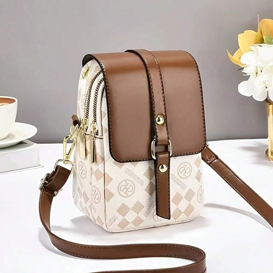 LEATVOOK New Fashion Classic Versatile PU Waterproof Fabric Shoulder Bag, Printed Design Metal Chain Decoration Design French Baguette Bag, Women's Shoulder Bag Suitable For Shopping. Commuting, Travel Use, School Backpack, Best Mother's Day And Valentine's Day Gifts - 米色 - 查看 1