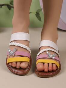 1 Pair Fashionable Summer New Butterfly Decorated Woven Design Girls Flat Slippers, Suitable For 3-15 Years Old Kids For Indoor, Outdoor, Vacation, Leisure Wear - Multicolor - View 3