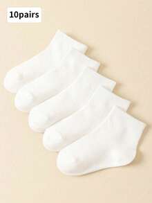 10 Pairs Kids Simple Basic White Crew Socks, School Style, Suitable For All Seasons - White - View 1