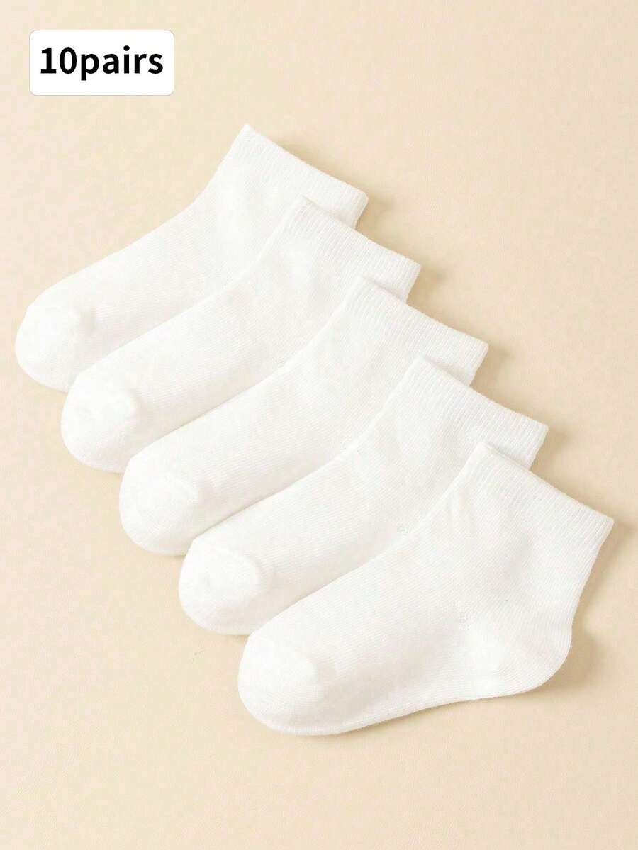 10 Pairs Kids Simple Basic White Crew Socks, School Style, Suitable For All Seasons - White - View 1