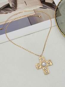 1 pieza Collar colgante de metal con cruz y decoración de perla falsa estilo vintage minimalista, accesorio de regalo para mujer para uso diario, fiesta y festival