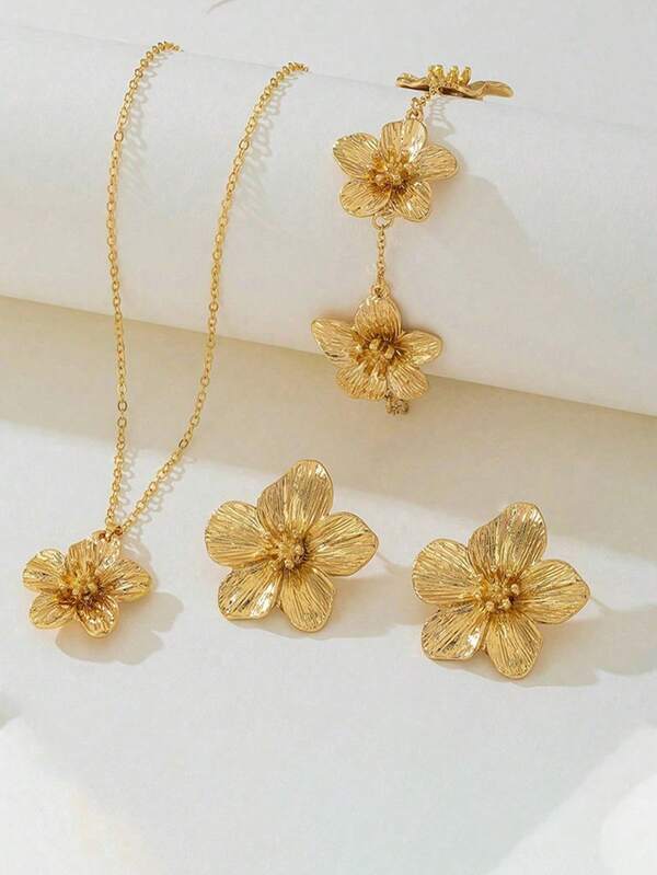 Fashionable Floral Jewelry Set Includes Golden Flower Pendant Necklace, Bracelet, And Earrings