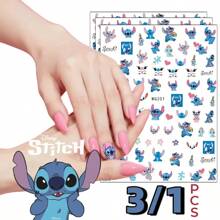 Disney Disney 3/1 pieza Pegatinas de arte de uñas de Stitch - Diseño de dibujos animados, calcomanías reutilizables autoadhesivas con acabado brillante, acentos azules y rosas brillantes, regalo perfecto para amigos, decoración de uñas linda, suministros de arte de uñas