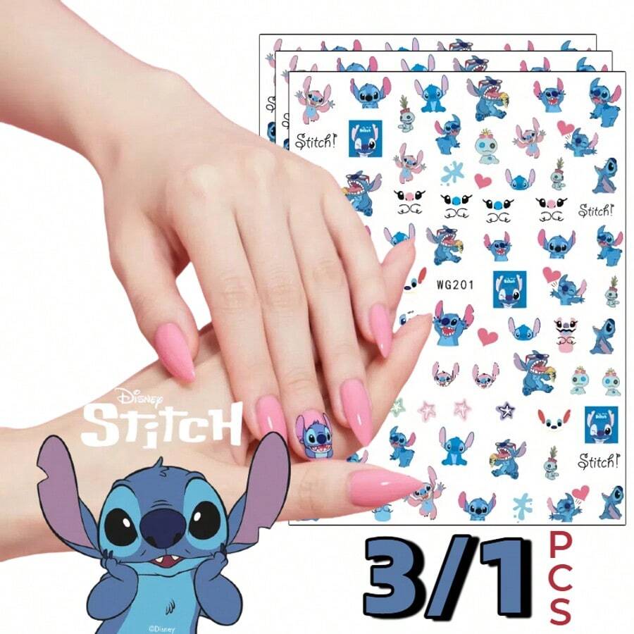 Disney Disney 3/1 pieza Pegatinas de arte de uñas de Stitch - Diseño de dibujos animados, calcomanías reutilizables autoadhesivas con acabado brillante, acentos azules y rosas brillantes, regalo perfecto para amigos, decoración de uñas linda, suministros de arte de uñas