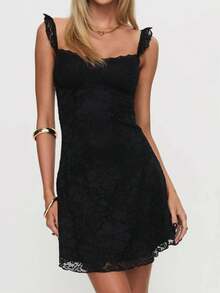 Women's Summer Mini Dresses Sleeveless .Y Square Neck Backless Lace Splicing Cocktail Party Straps Bodycon Dress - Black - View 2