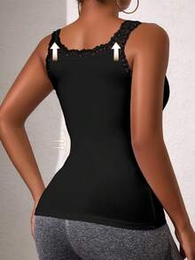 Women Summer Tank Tops Crewneck Sleeveless Shirts Lace Collar Tanks Slim Fitted Casual Basic Tee Shirt Solid Color Simple Daily Slimming Camisole Top - Black - View 2