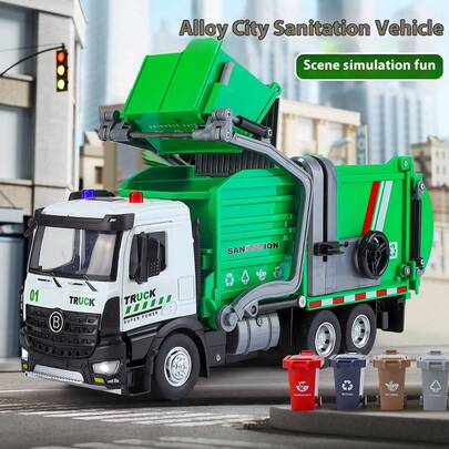 modelgt 1pc Toy Garbage Truck Model, Dimensions: 36.9cm(L) X 9cm(W) X 12.5cm(H), Realistic Alloy Cabin, Cleaning, Waste Sorting Bins, Sanitation Service Engineering Model, Suitable As Boys Gift, Parent-Child Play