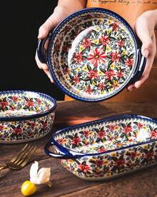 Bicuzat Vintage Style Tulip Flower Pattern Ceramic Bakeware Casserole Dish Baking Pan Lasagna Pans Baking Dish With Handles Oven\/Cooking\/Kitchen-1 PCS-60 OZ