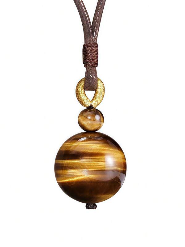 Collana artigianale con pendente all'occhio di tigre | Pendente in pietra naturale punteggiata | Simbolo di energia decorativo | Gioiello di stile minimalista classico, adattabile, perle da 18mm, adatto a uomini e donne