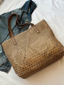 Bolso de paja tejido de moda clásica, bolso de hombro casual minimalista de gran capacidad - Caqui - Ver 7