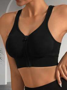 Women's Sports Front-Zip Bras Bralette Bra Underwear Tank Top Racerback Wireless Intimates Gathered Criss Cross Back Front Closure Training Yoga Gym Removable Pad Workout Lingerie Casual Athletic Were Exercise Cycling Tennis Solid Color Comfortable Sexy Fashionable Activewear - Black - View 5