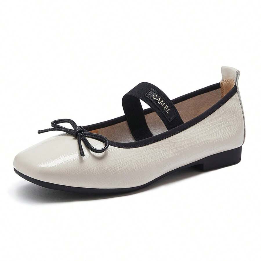 CAMEL CROWN 女士休闲鞋春夏低跟芭蕾平底鞋小皮鞋单带玛丽珍鞋。 - 米/白 - 查看 1